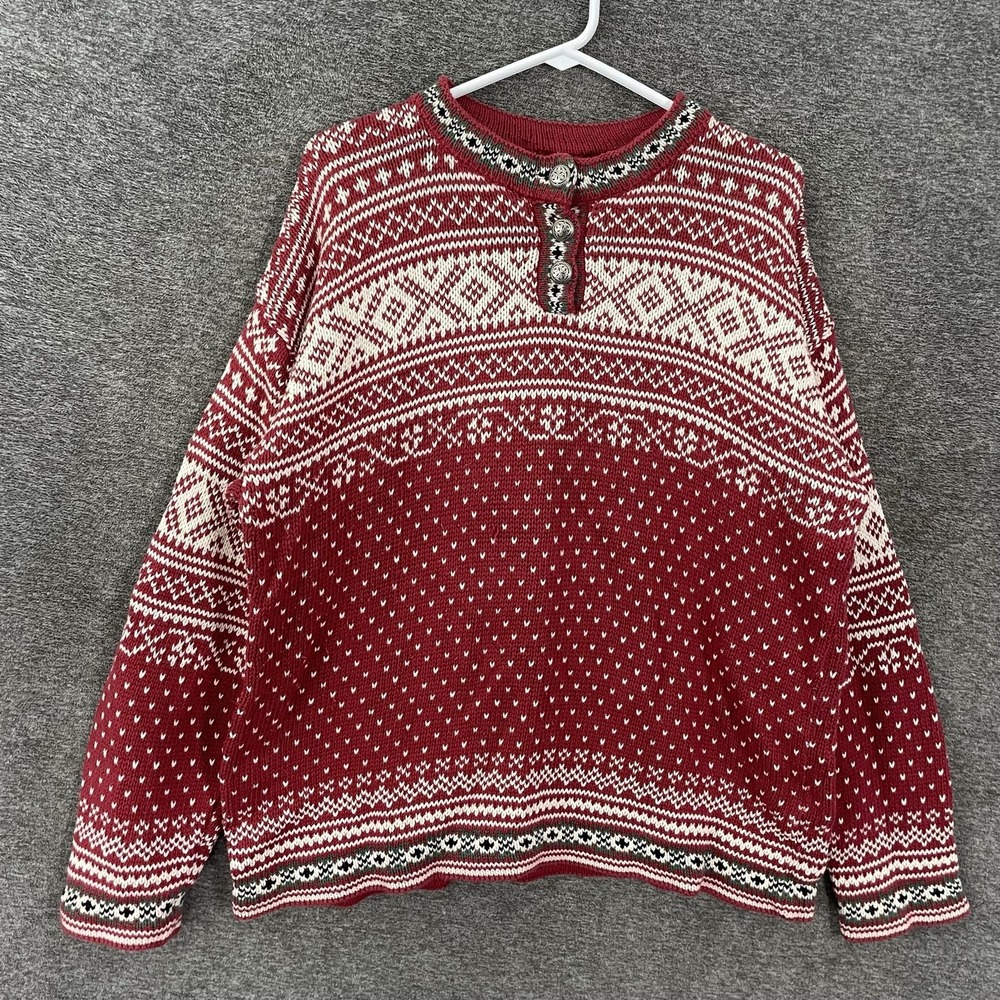 Vintage L.L. Bean Sweater Womens Large Red 100% Cotton Fair Isle Henley Made USA